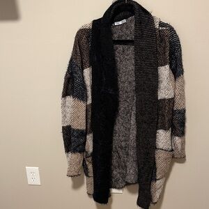 Dex Open-Front Blocked Cardigan Sweater in Black, Beige & Brown